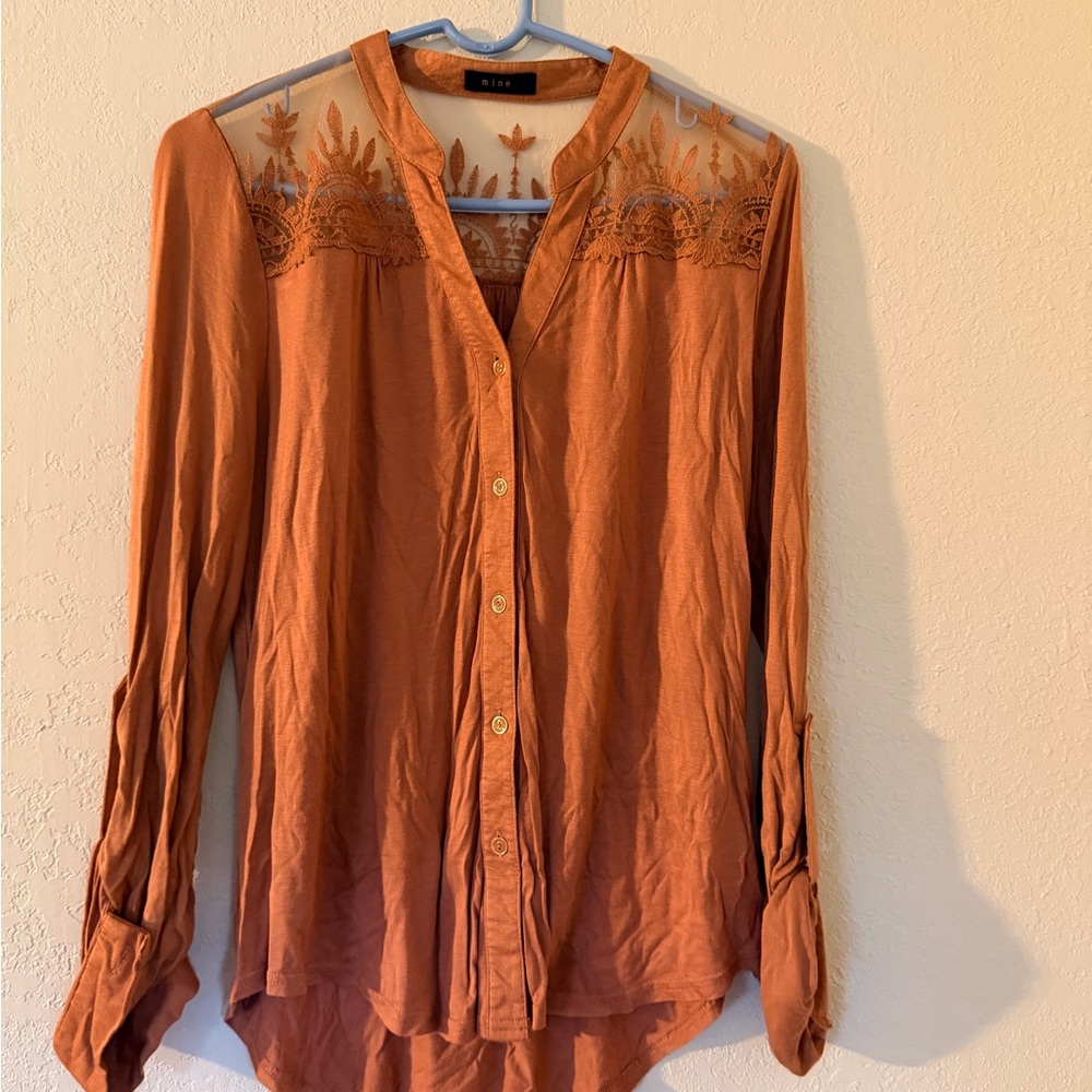 Mine Terracotta Lace Button-Up Blouse
